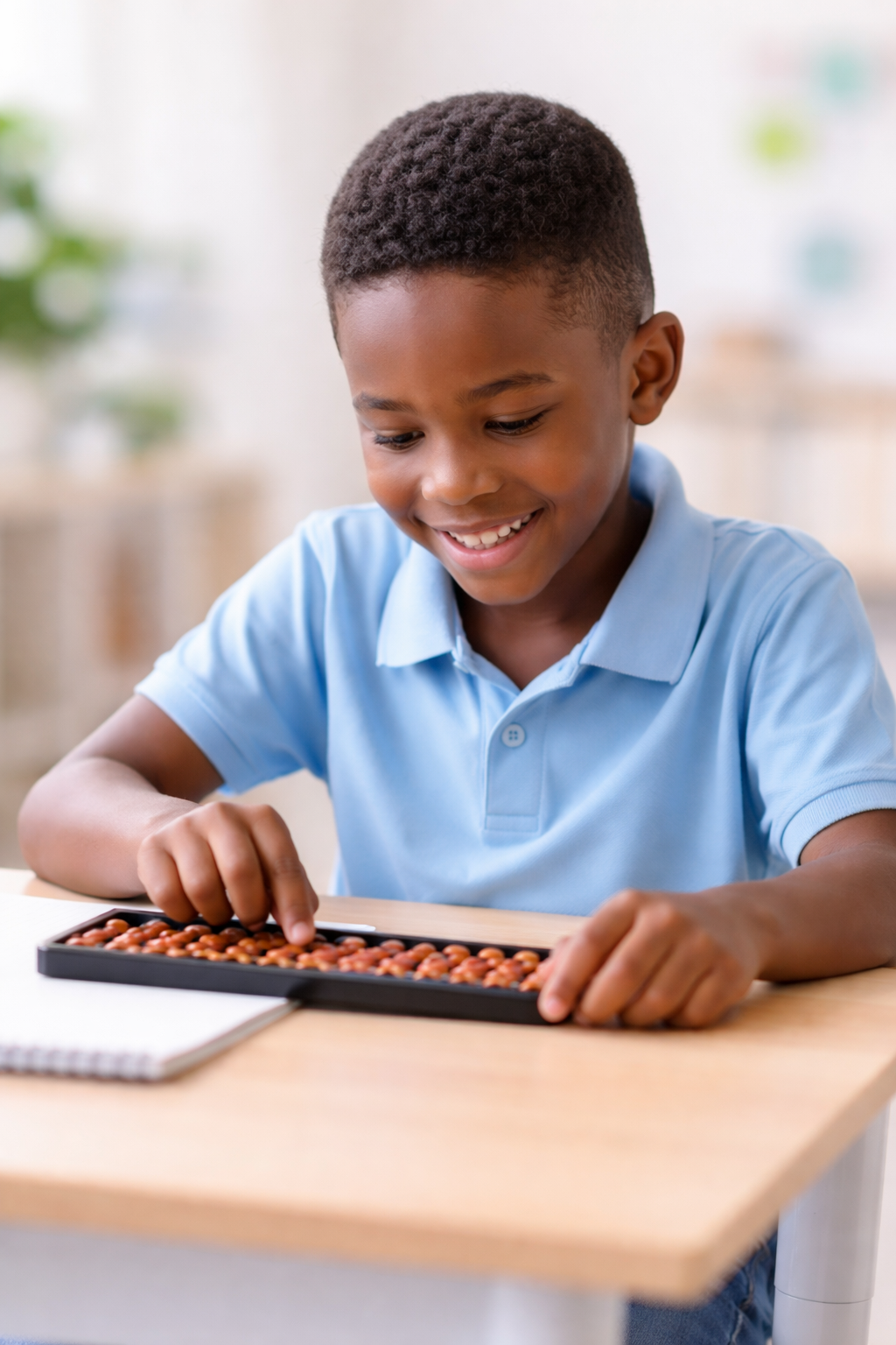 An 8-year-old boy using a soroban on his table